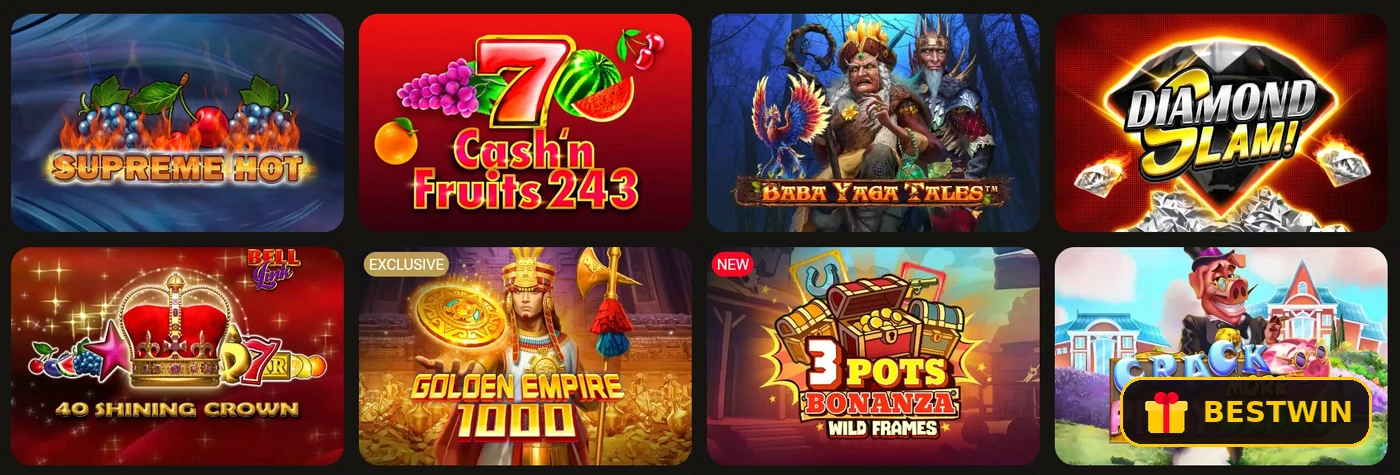 Mashhur slotlar: Cash'n Fruits 243, Diamond Slam, 40 Shining Crown, Golden Empire 1000