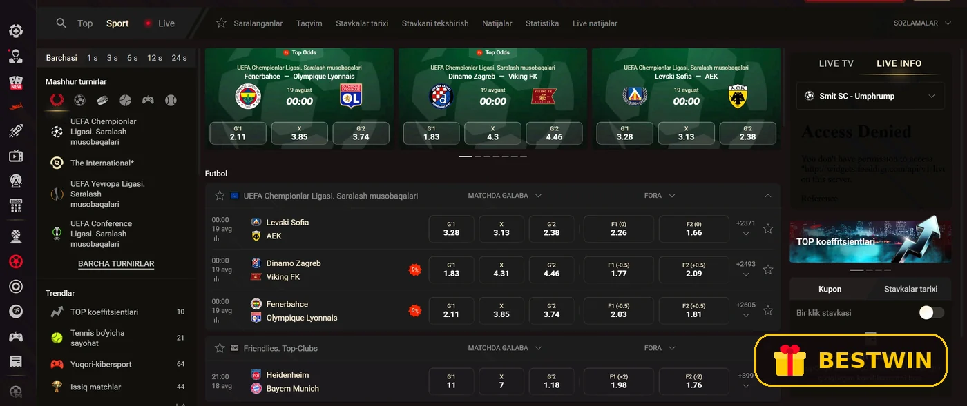 Sport liniyasi: futbol, koeffitsiyentlar va jonli hodisalar